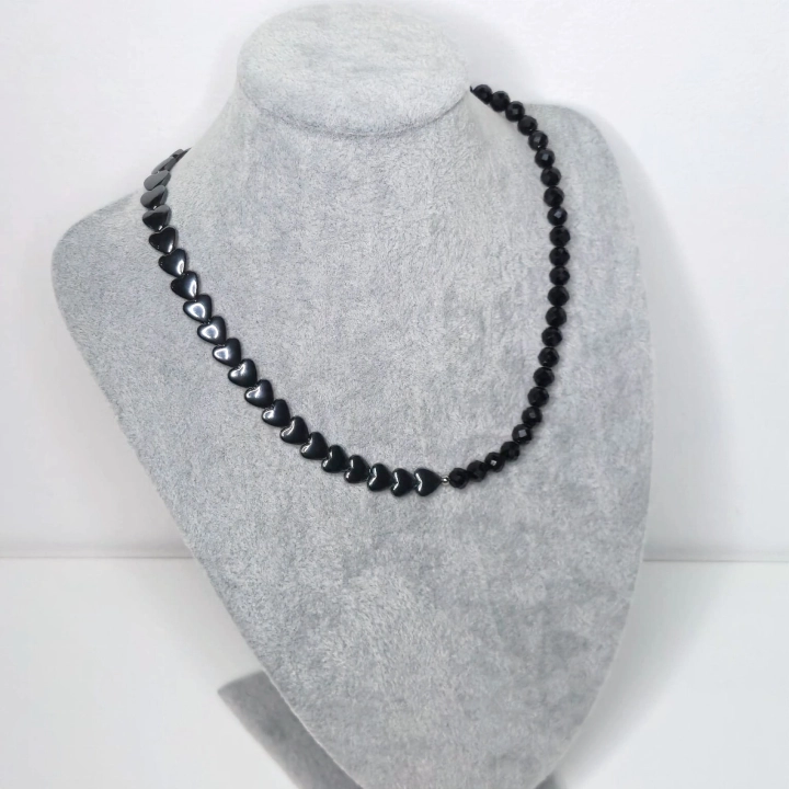 naszyjnik pół na pół serca z hematytu hematyt i czarny turmalin fasetowany handmade rękodzieło