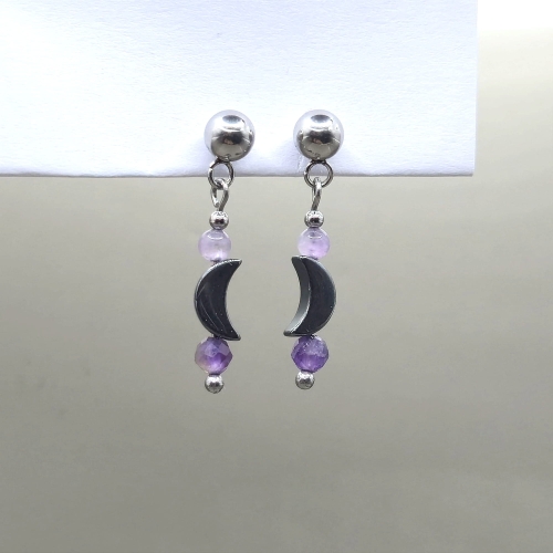 kolczyki sztyfty stal nierdzewna ametyst hematyt księżyc handmade rękodzieło