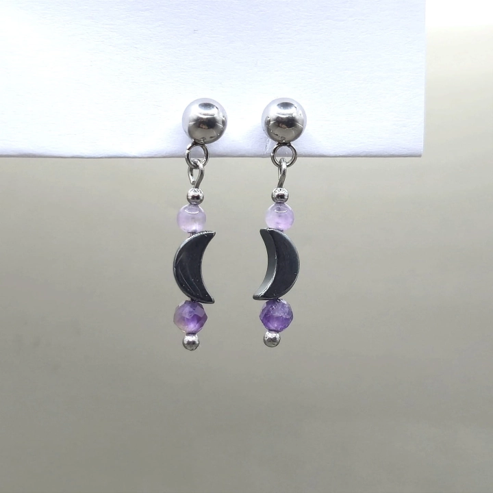 kolczyki sztyfty stal nierdzewna ametyst hematyt księżyc handmade rękodzieło