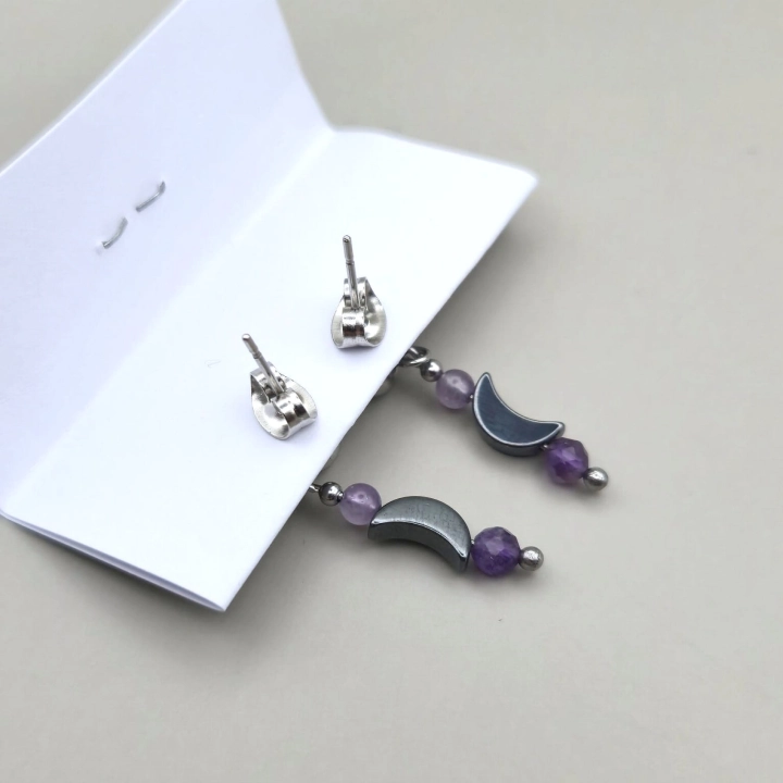 kolczyki sztyfty stal nierdzewna ametyst hematyt księżyc handmade rękodzieło