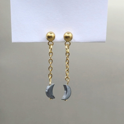 kolczyki sztyfty złota stal nierdzewna handmade rękodzieło hematyt w kształcie księżyca