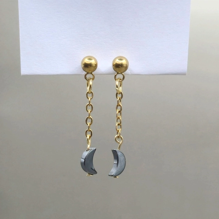 kolczyki sztyfty złota stal nierdzewna handmade rękodzieło hematyt w kształcie księżyca