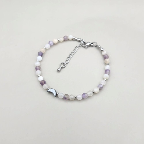 handmade rękodzieło bransoletka z klasycznym zapięciem ametyst i kamień księżycowy hematyt księżyc stal nierdzewna
