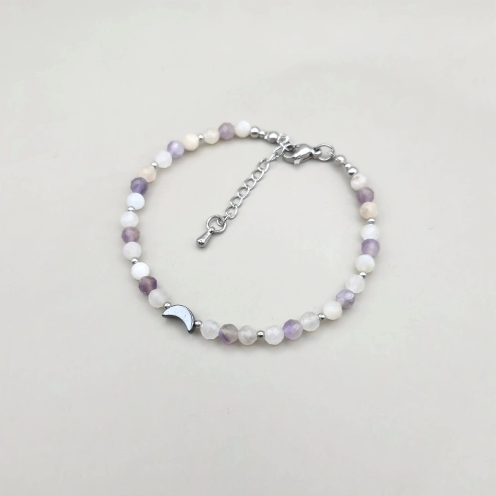 handmade rękodzieło bransoletka z klasycznym zapięciem ametyst i kamień księżycowy hematyt księżyc stal nierdzewna
