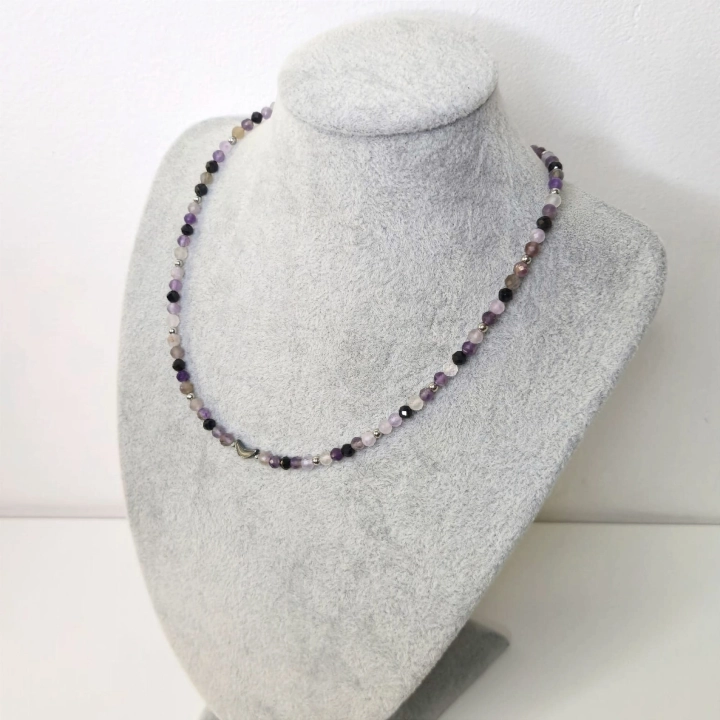 handmade naszyjnik rękodzieło ametyst turmalin czarny księżyc hematyt stal nierdzewna